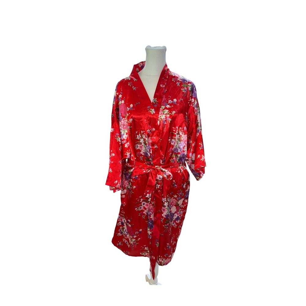 Red Floral Satin Kimono Robe XL Pink Purple Peony Print Short Wrap Loungewear